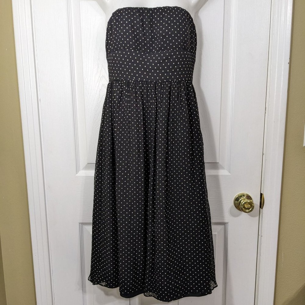 J. Crew 100% Silk Black w/Tan Polka Dots Strapless Midi Dress - size 2